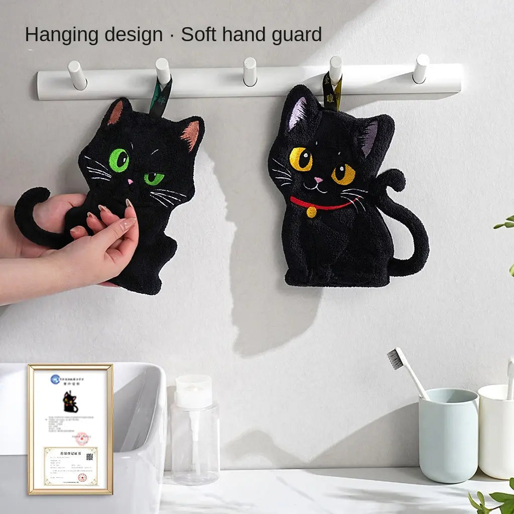 Black Cat Plush Hand Towel – Soft Hanging Bathroom & Kitchen Towel
