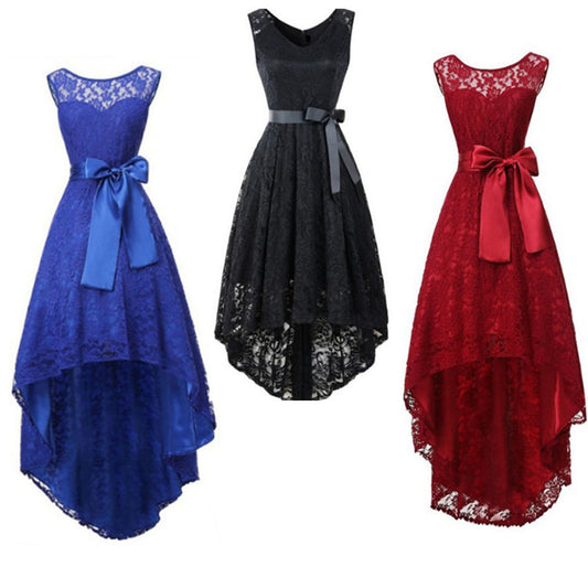 Elegant Lace High-Low Evening Dress with Satin Bow - Formal Party & Bridesmaid Gown