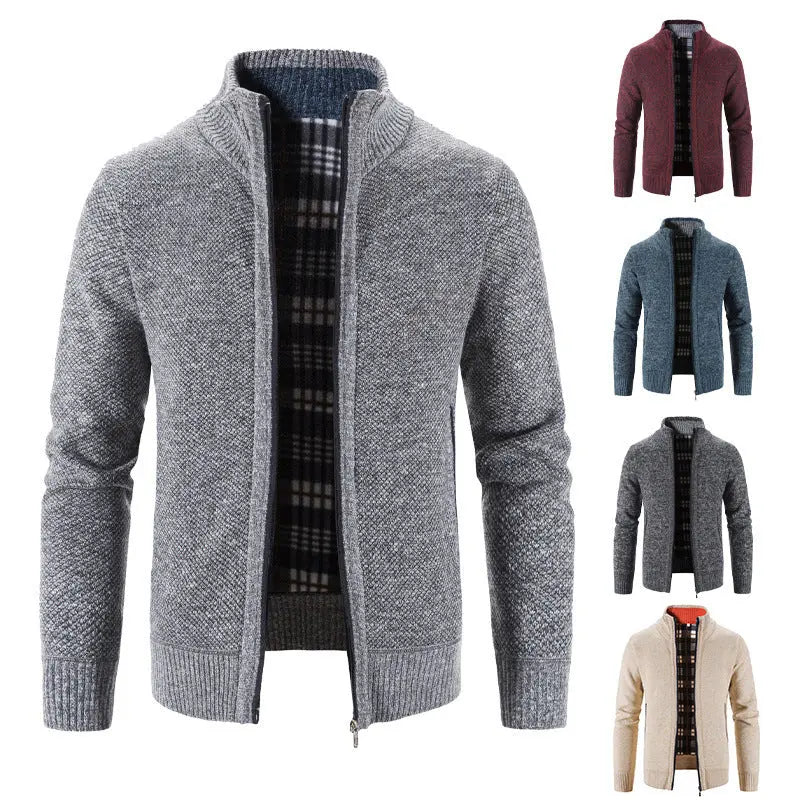 Knitted Cardigan European And American Men's Autumn And Winter Men's Long-Sleeved Warm Jacquard Casual Stand-Up Collar Thickeneded Export Sweater