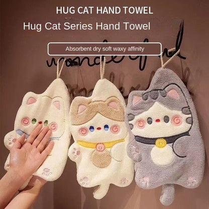 Cute Hug Cat Hanging Hand Towel – Soft Plush Absorbent Towel