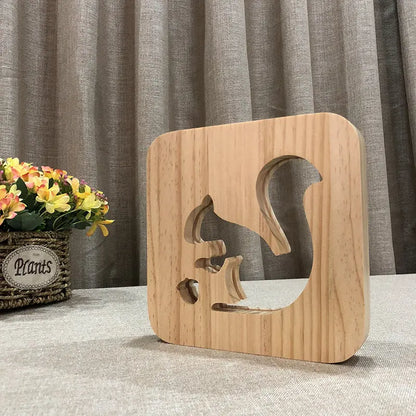 Squirrel Wooden Crafts Solid Wood Night Light Hollow Carving