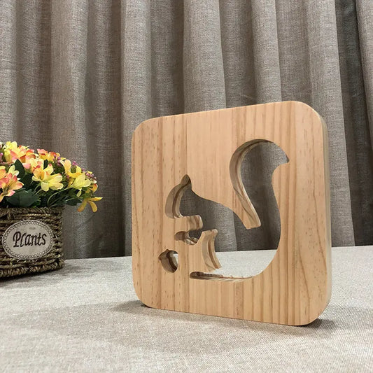 Squirrel Wooden Crafts Solid Wood Night Light Hollow Carving
