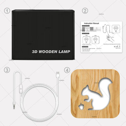 Squirrel Wooden Crafts Solid Wood Night Light Hollow Carving