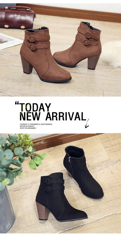 Brown and black ankle boots with text 'Today New Arrival' on a light wooden floor.