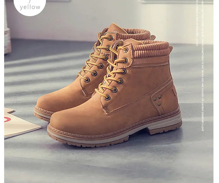 A pair of ankle-height lace-up boots in a warm mustard yellow color, shown in a clean studio-style layout with front, side, and back views. The main image features the boots on a light gray floor with a soft window background, and a small circular label reads 'yellow'.