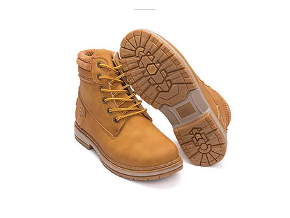 A collage showing tan lace-up ankle boots from multiple angles. The top panel shows two boots on a white background, one from the side and one showing the treaded outsole.
