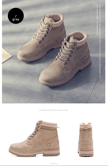 A pair of mid-calf lace-up boots in a light taupe-gray suede-like material with a soft beige knit collar, shown on a gray floor background. The image includes a black circular label reading 'gray', a small inset at bottom left, and a small inset at bottom right showing the boot from the back.