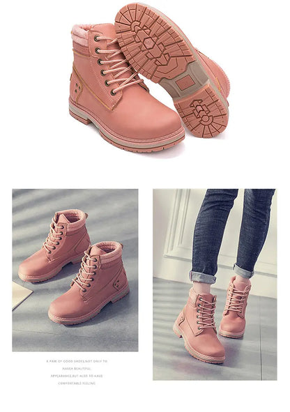 A collage showing a pair of pink lace-up ankle boots from multiple angles and on a model. The top panel shows a clean studio shot of the boots, one angled to display the sole.