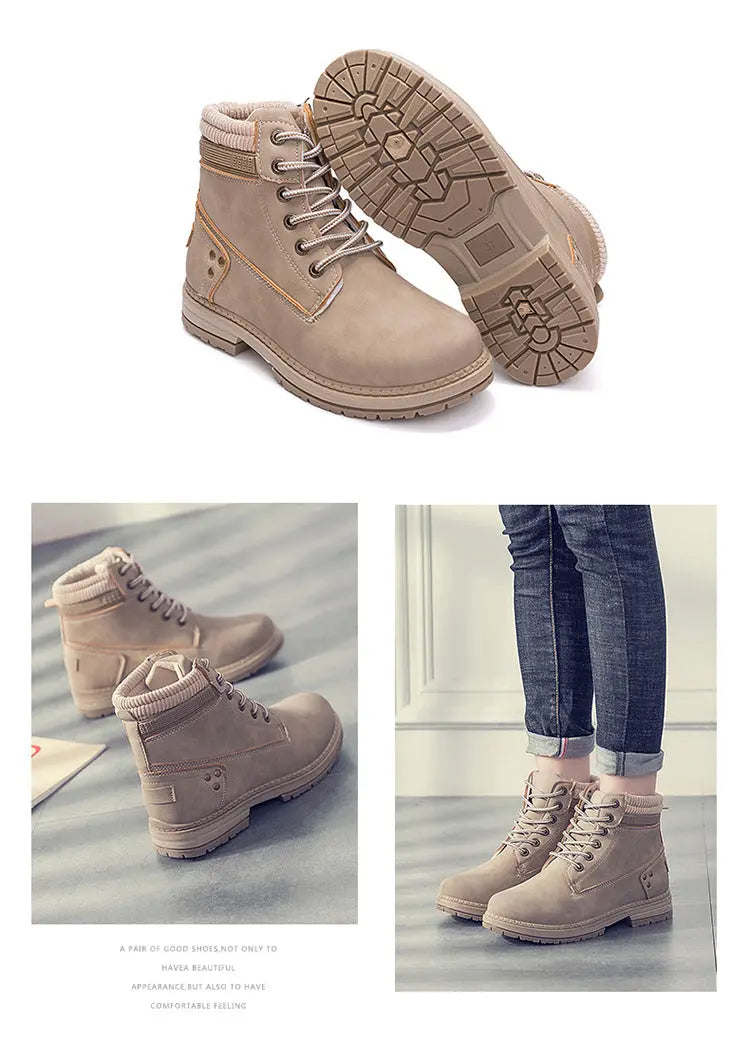 A collage showing beige lace-up ankle boots from multiple angles: a top view of both boots on a white background, a side view in a lifestyle setting on a gray floor, and a rear view on a white floor. The boots have a suede-like finish, beige laces, and a thick lug sole.