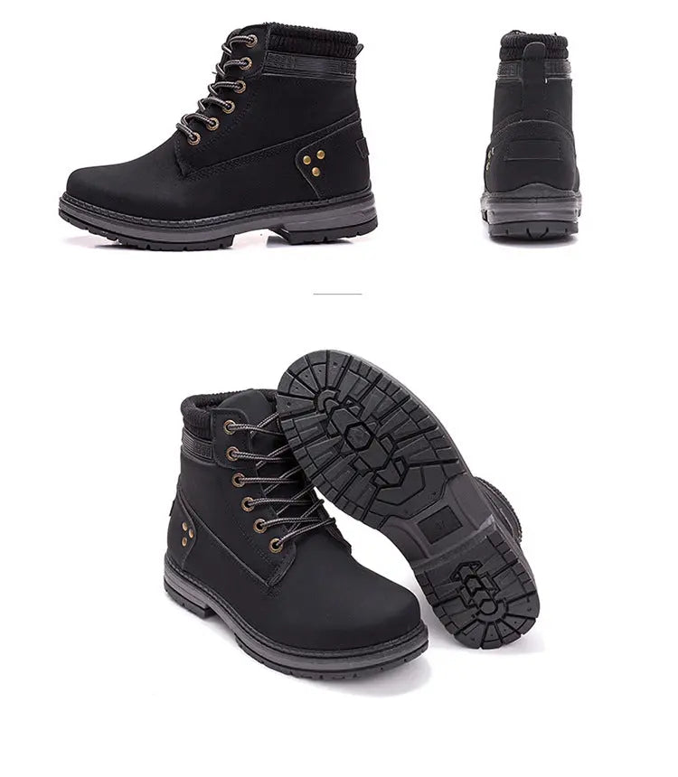 Black lace-up ankle boots shown from multiple angles on a white background, including side, back, and sole views.