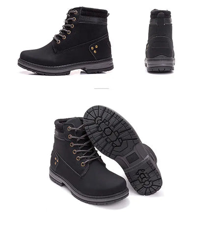 Black lace-up ankle boots shown from multiple angles on a white background, including side, back, and sole views.