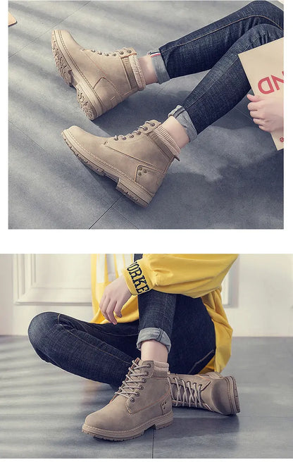 A person wearing beige lace-up ankle boots with dark blue jeans, shown in two photos. The top photo shows the boots from the side while sitting on a gray floor, holding a book.