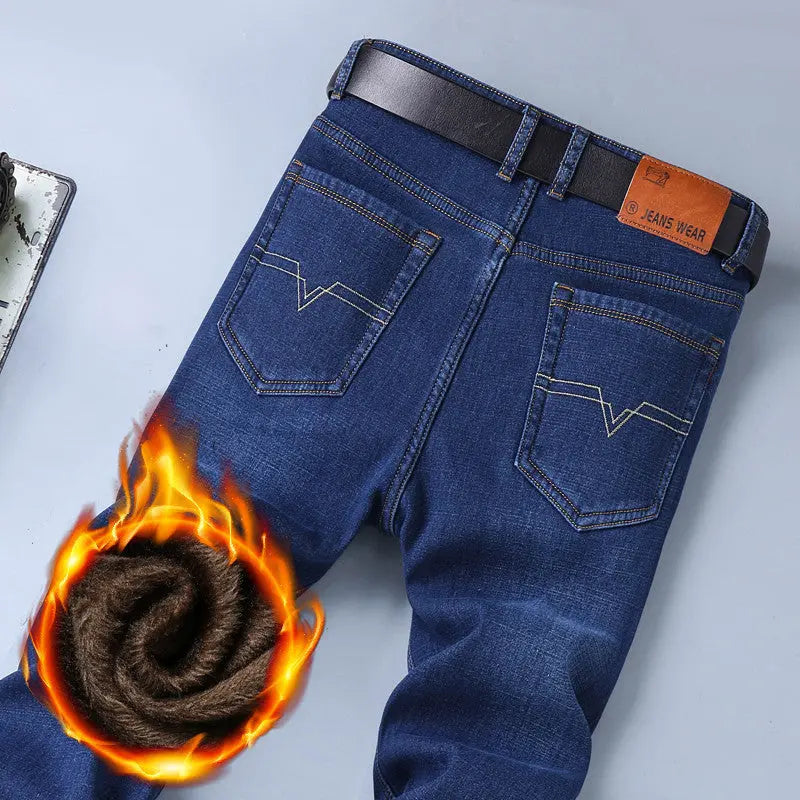 Winter Plus Fleece Thickened Jeans Men's Loose Straight Elastic Men's Pants Casual Korean Version Of Slim-fit Trendy Trousers