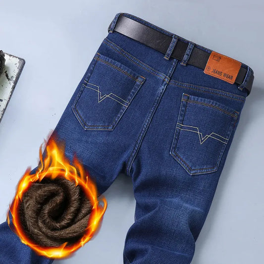Winter Plus Fleece Thickened Jeans Men's Loose Straight Elastic Men's Pants Casual Korean Version Of Slim-fit Trendy Trousers