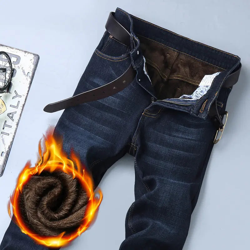 Winter Plus Fleece Thickened Jeans Men's Loose Straight Elastic Men's Pants Casual Korean Version Of Slim-fit Trendy Trousers