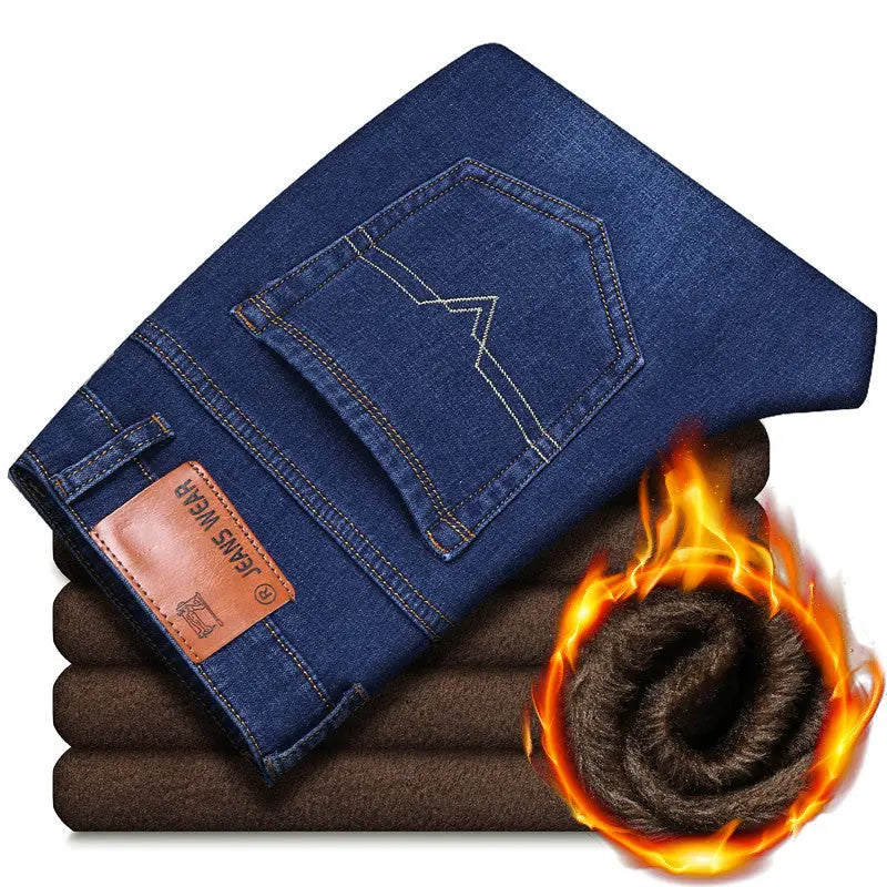 Winter Plus Fleece Thickened Jeans Men's Loose Straight Elastic Men's Pants Casual Korean Version Of Slim-fit Trendy Trousers