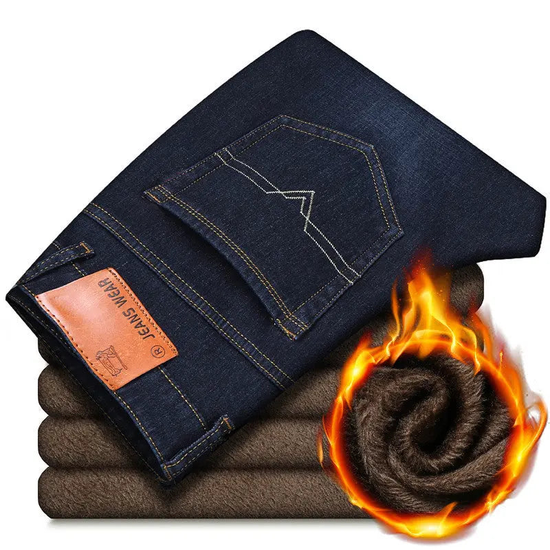 Winter Plus Fleece Thickened Jeans Men's Loose Straight Elastic Men's Pants Casual Korean Version Of Slim-fit Trendy Trousers