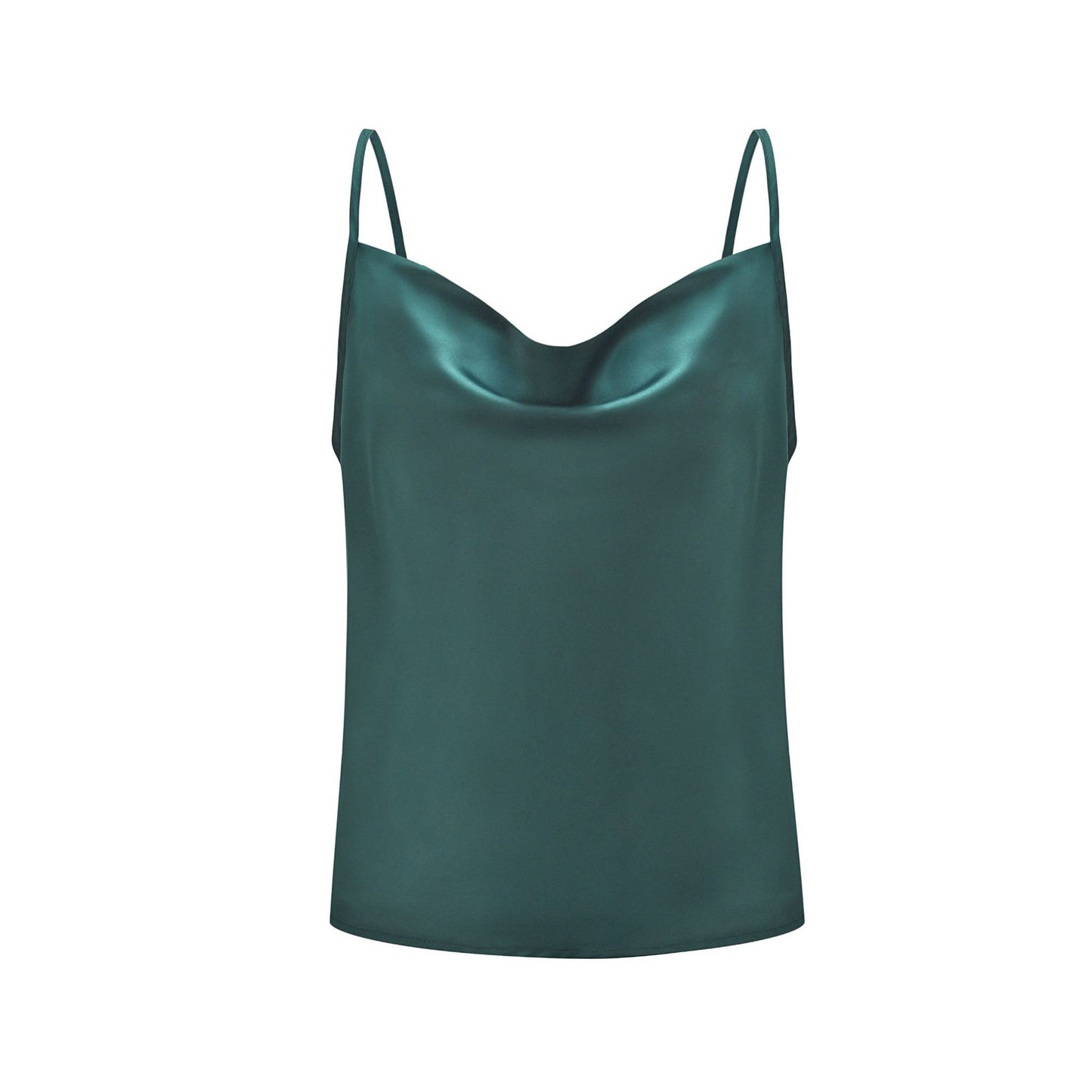 Green satin camisole top, styled with a light blue denim skirt, holding a branch with green leaves—modern, elegant, and perfect for casual or dressy looks.
