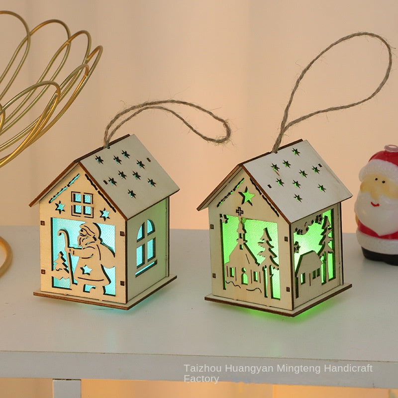 Cross-border Christmas Decoration Wooden Luminous Cabin New Hollow Christmas Ornaments LED Wooden Decoration Pendant