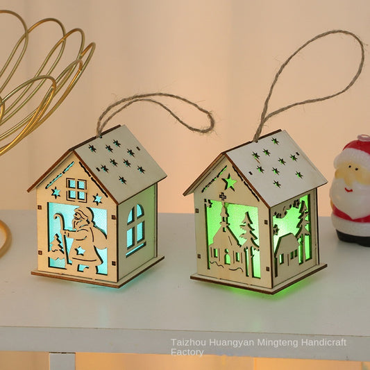 Cross-border Christmas Decoration Wooden Luminous Cabin New Hollow Christmas Ornaments LED Wooden Decoration Pendant