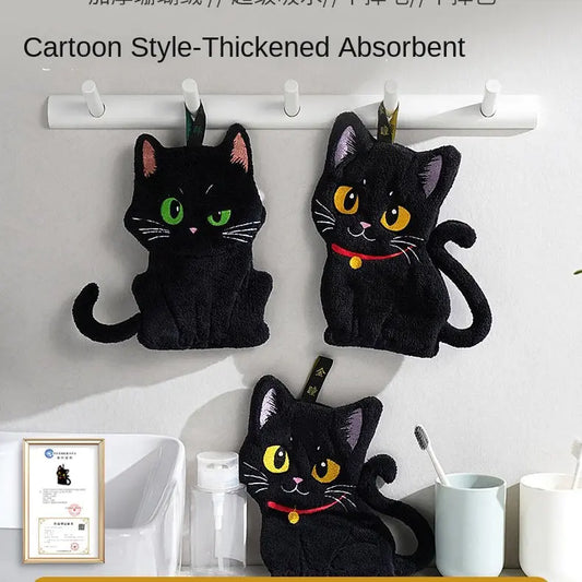 Black Cat Plush Hand Towel – Soft Hanging Bathroom & Kitchen Towel