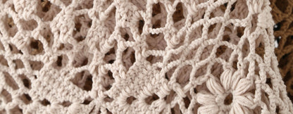 Close-up of a beige crochet or lace textile with an openwork floral pattern, showing the texture and stitch detail.