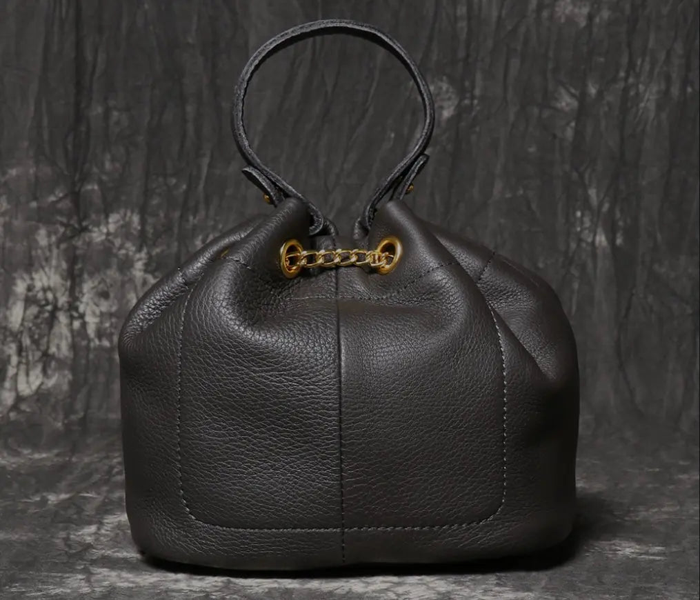 Women's Cowhide Leather Mini Bucket Bag with Chain