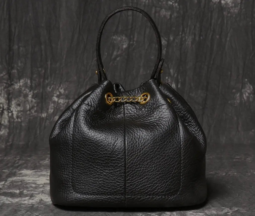 Women's Cowhide Leather Mini Bucket Bag with Chain