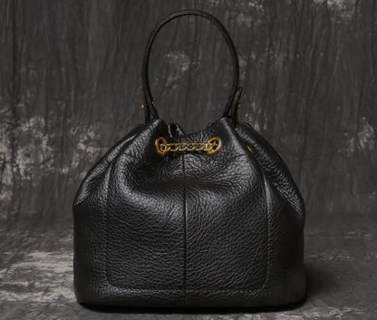 Women's Cowhide Leather Mini Bucket Bag with Chain