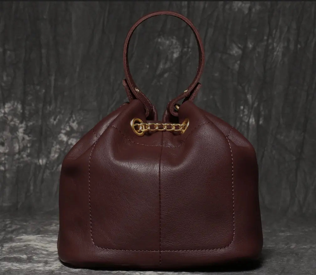 Women's Cowhide Leather Mini Bucket Bag with Chain