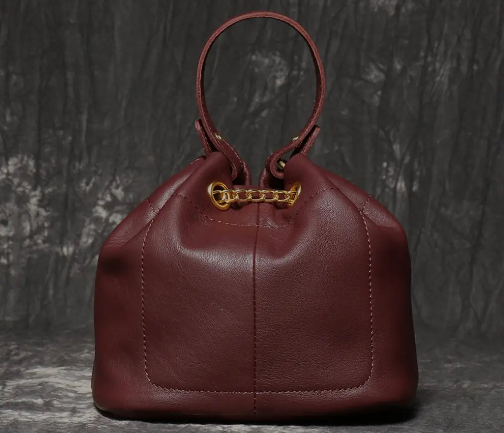 Women's Cowhide Leather Mini Bucket Bag with Chain