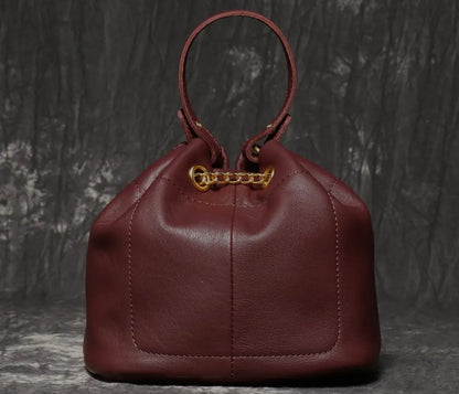 Women's Cowhide Leather Mini Bucket Bag with Chain