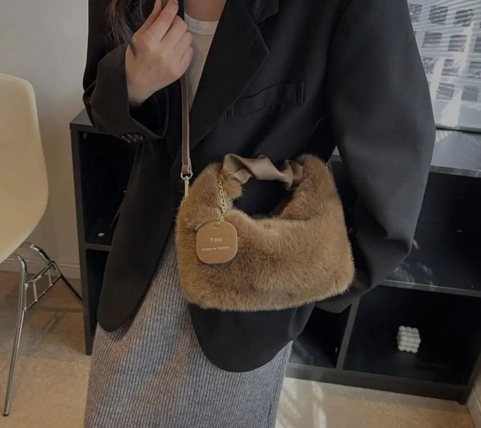 Women's Fluffy Mini Shoulder Bag with Ruched Handle