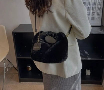 Women's Fluffy Mini Shoulder Bag with Ruched Handle