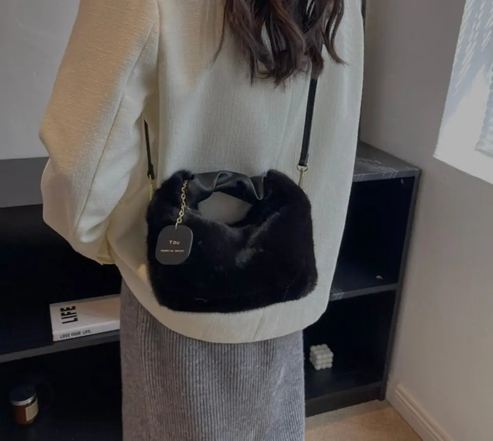 Women's Fluffy Mini Shoulder Bag with Ruched Handle