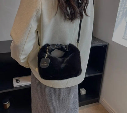 Women's Fluffy Mini Shoulder Bag with Ruched Handle