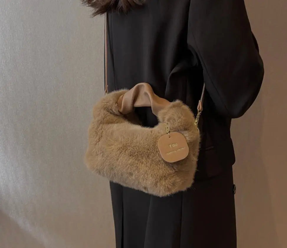 Women's Fluffy Mini Shoulder Bag with Ruched Handle
