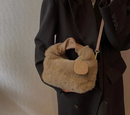 Women's Fluffy Mini Shoulder Bag with Ruched Handle