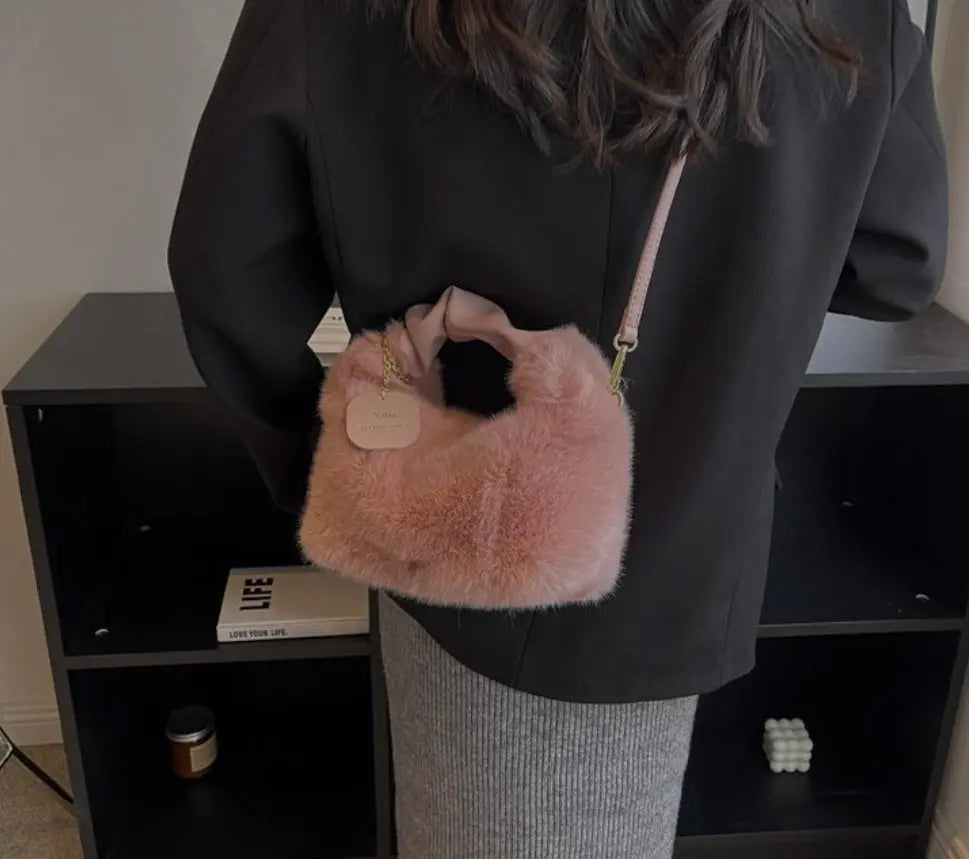 Women's Fluffy Mini Shoulder Bag with Ruched Handle