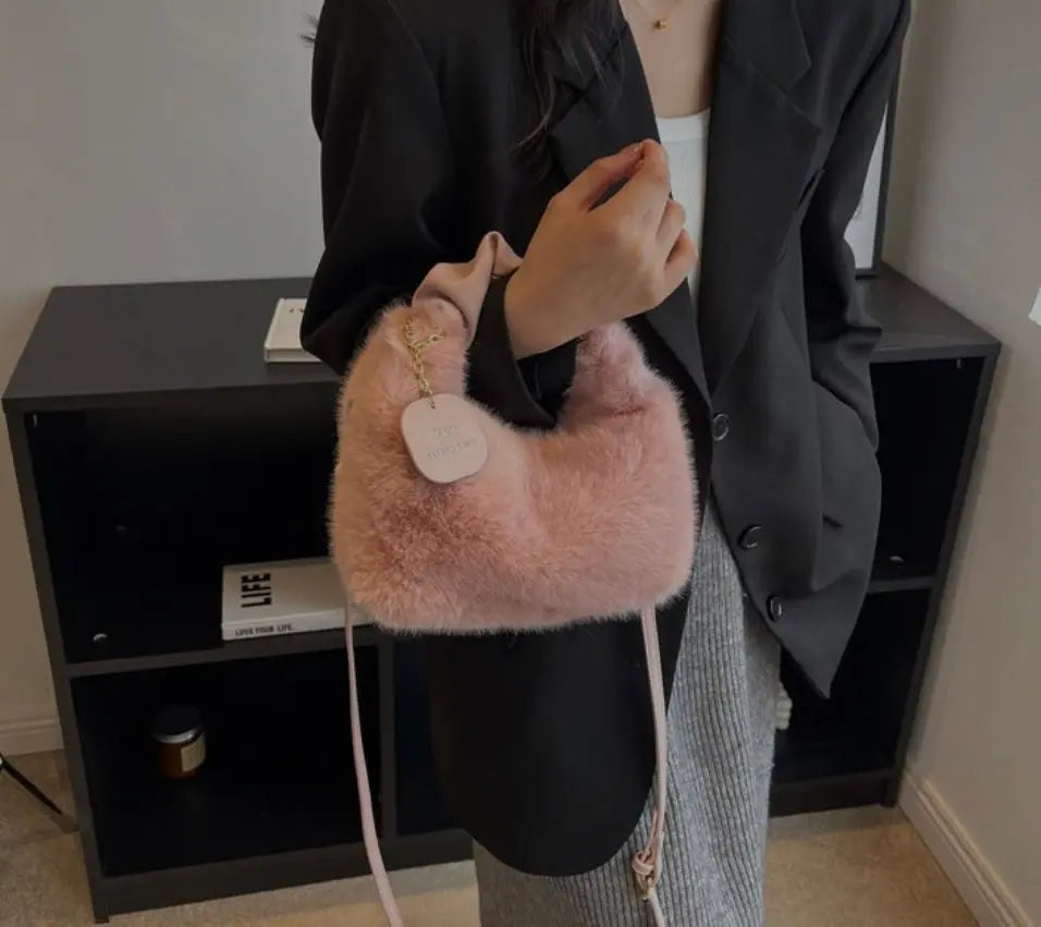 Women's Fluffy Mini Shoulder Bag with Ruched Handle