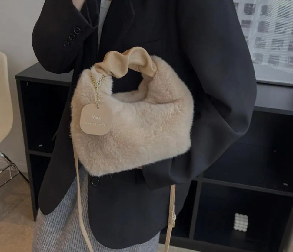 Women's Fluffy Mini Shoulder Bag with Ruched Handle