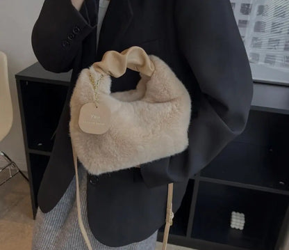 Women's Fluffy Mini Shoulder Bag with Ruched Handle