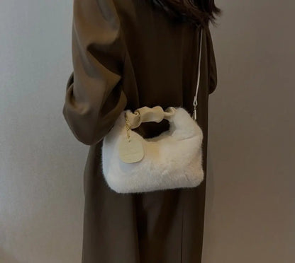 Women's Fluffy Mini Shoulder Bag with Ruched Handle