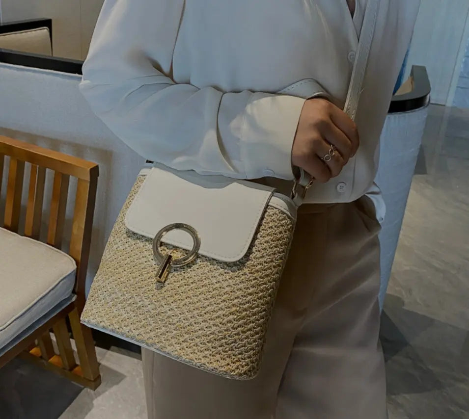Women's Woven Flap Crossbody Bag with Statement Clasp
