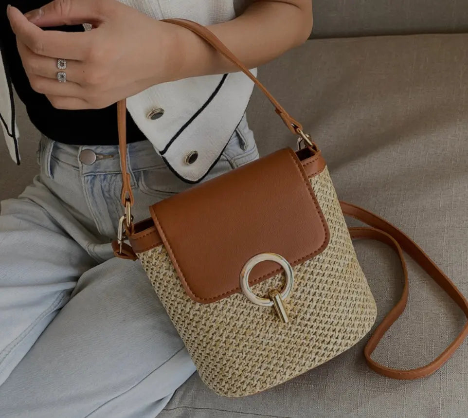 Women's Woven Flap Crossbody Bag with Statement Clasp