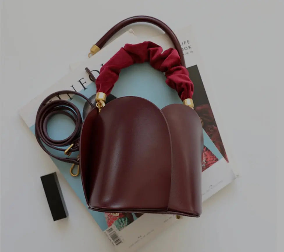 Women's Cow Leather Mini Bucket Bag with Ruched Handle