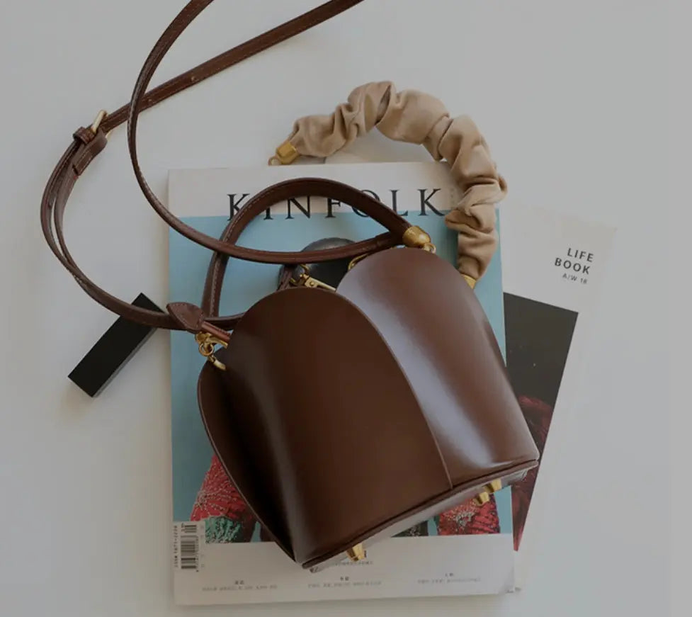 Women's Cow Leather Mini Bucket Bag with Ruched Handle