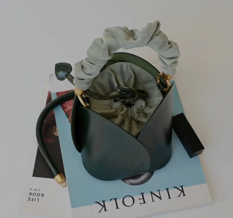 Women's Cow Leather Mini Bucket Bag with Ruched Handle