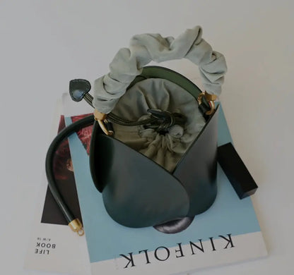 Women's Cow Leather Mini Bucket Bag with Ruched Handle