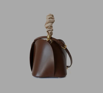 Women's Cow Leather Mini Bucket Bag with Ruched Handle